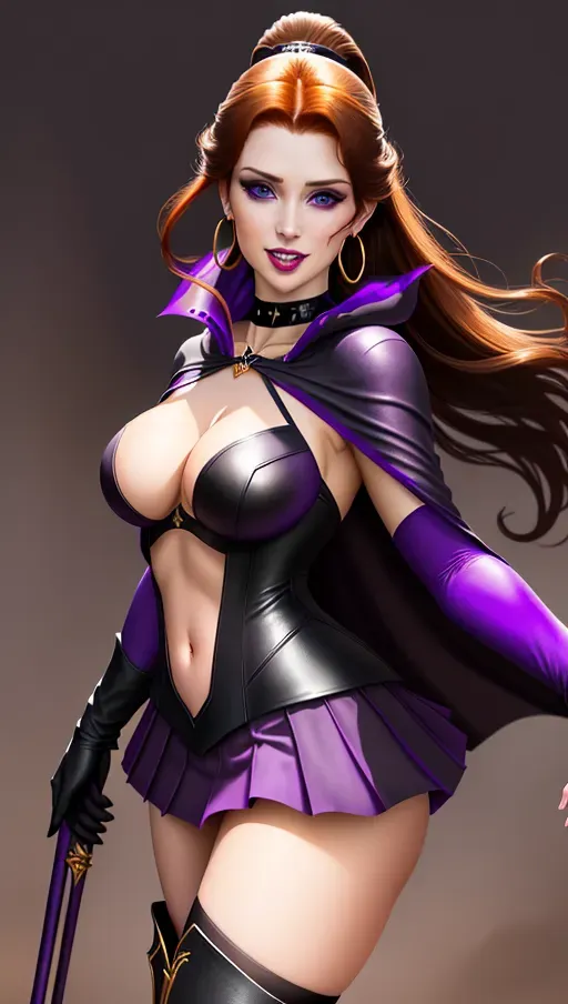 low angle, medium shot,
beautiful, Sweet innocent beautiful, good girl, goth makeup, Anna of Arendelle, age 30 long red-Auburn hair in a big ponytail, sweet smile, large round natural blue eyes, Nordic, black leather clothing with dark purple highlight, bare naked open exposed shoulders, gold hoop earrings, dark purple collar, long dark purple gloves, dark purple halter-Corsette, dark purple pleated micro-mini-skirt, dark purple thigh-high boots, long pointed canine teeth, bare mid-riff, long black hooded cape