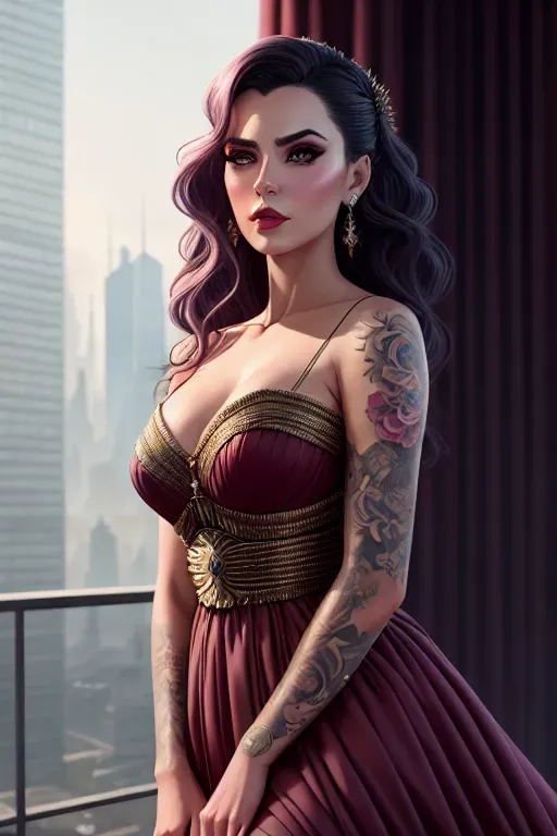 a color pencil draw of,lisa,wearing empress dress,kneeing,in a dystopian future,five slender fingers,wavy curtain bang,gorgeous face,beautiful lips,curved eyebrows,curved eyelid,tattoo,8k,artstation,editorial,bokeh,ultra realistic