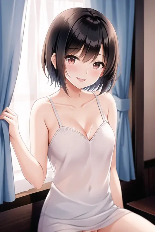 a photograph of,young woman,short hair,curtain bangs,cute face,small breasts,naked,cum in vagina,at home,smiling,bokeh,korean,pixiv,focused on vagina