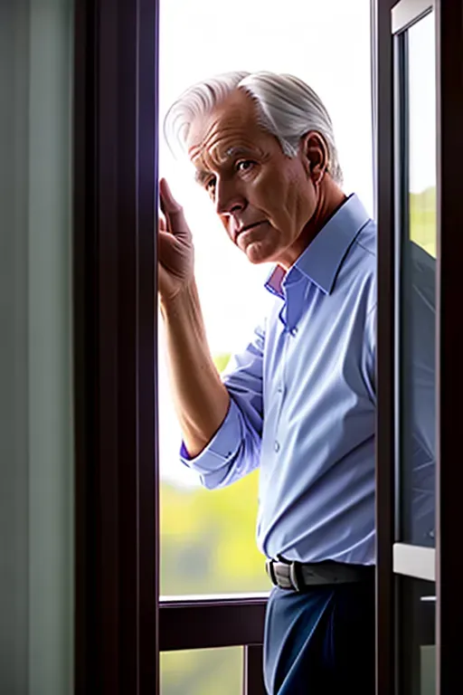Older white Man looking out of window, cinematic
