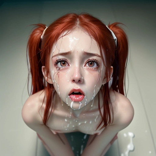 unhappy, scared, (kneeling) (looking up into camera) 25 year old woman, nude, red head, (crying), (tears mixed with cum), (sobbing), ((tears)), (small tits), flat chest, athletic, red pigtails, mouth wide open, saliva, cum, (cum in mouth), ((cum splattered on face)), (saliva mixed with cum), cum pouring from mouth, eyes wide open, cum mixing with tears, crying, sobbing, cum mixing and flowing down face to tits, cum running down chest, cum on floor, cum dripping out of pussy, hairy pussy, 4k, photo realistic, iphone