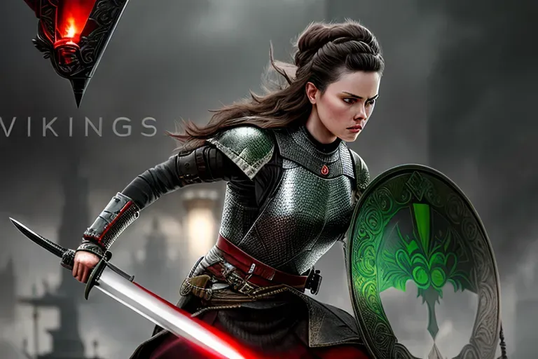 intricate highly detailed photorealistic realistic ultra realistic sharp focus with daisy ridley dressed in dark grey medieval armor with red accents wielding a green bladed sword