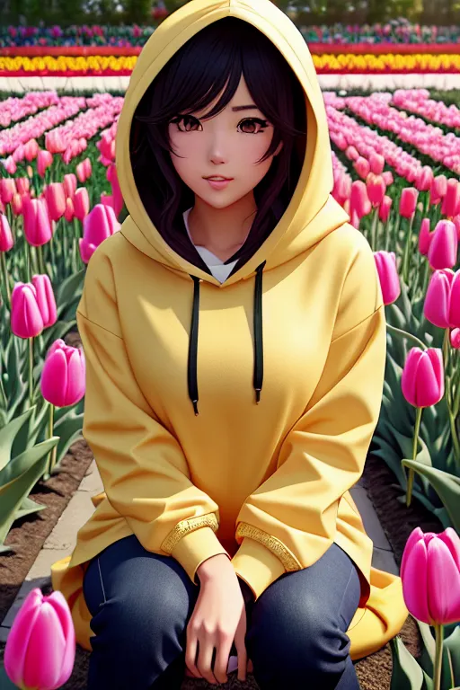 a color pencil draw of,an anime girl,wearing hoodie,sitting,in a tulip garden,five slender fingers,wavy curtain bang,gorgeous face,beautiful lips,curved eyebrows,wearing golden ring,editorial,cgsociety,artstation,bokeh,unreal engine