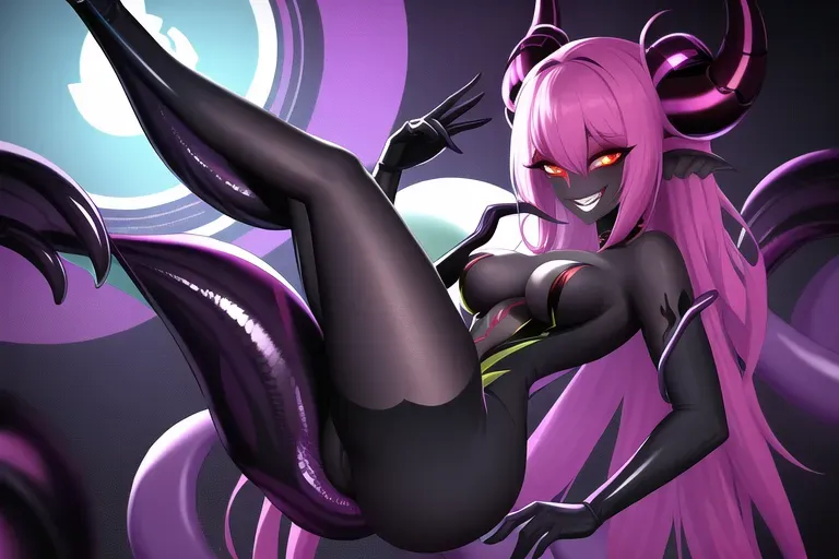 horny alien girl, tentacles, dark, horror, alien skin, sadistic smile
