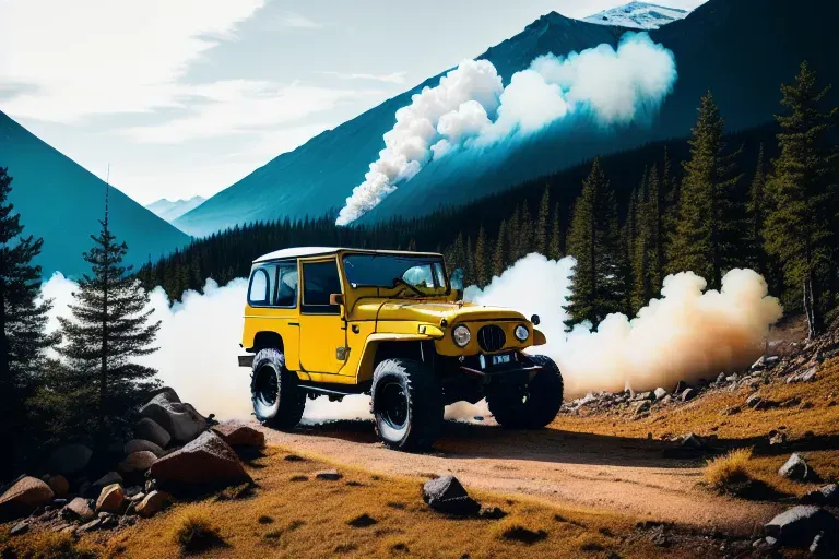 Toyota FJ40 at a clearing in the forest, lake, mountains, campfire with smoke, romantic,
Professional,
High resolution,
Shot with Nikon D850,
High quality,