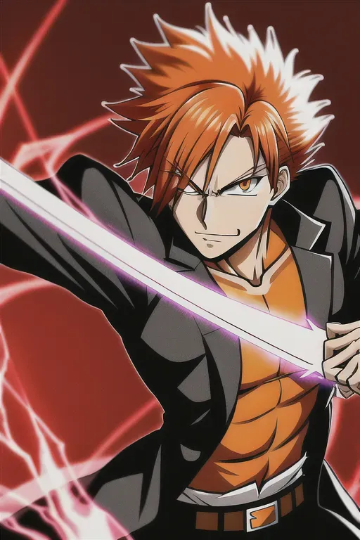 Ichigo Kurosaki, anime, short orange hair, in Shihakusho, male, 8k wallpaper, best quality, ultra hd, global lighting, hi-resolution, high quality, fighting stance, with zangetsu zanpakuto