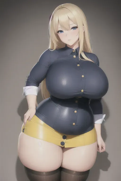 :super thicc blonde wearing tight skirt with tight buttons