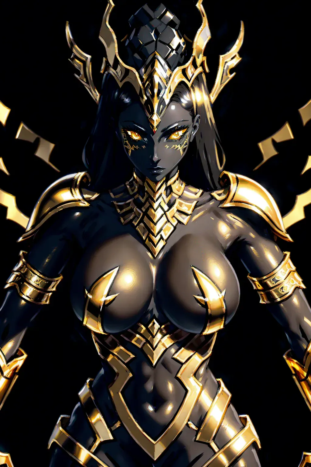 Naked, Black and gold lined armor, Ancient Greek , exposed breasts, dark, face mask, black hair, pale skin, tits out, gold eyes eyes, underground, dark fog, Naked, uncensored, holding black fog