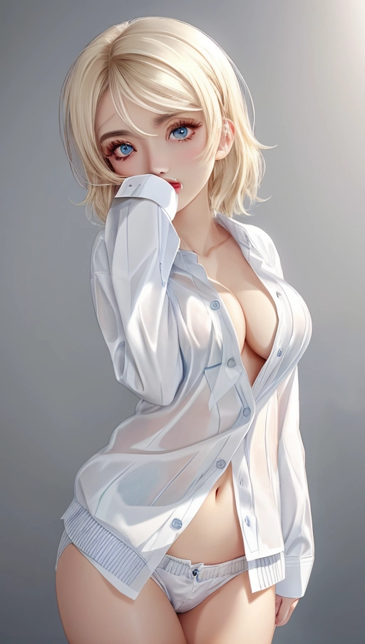 lithe,open white full length button-up shirt,black panties,natural breasts,five fingers per hand,short straight blonde hair,blue eyes,beautiful faces,beautiful lips,curved eyebrows,curved eyelids,textured skin,professional,satisfaction,unreal engine,bokeh,sharp focus,bathroom