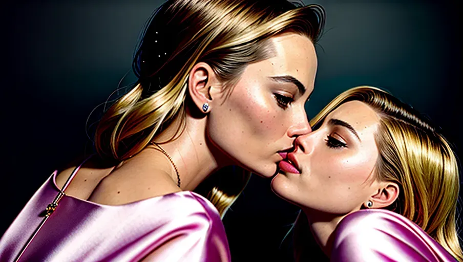 a realistic photo shot of, ((Margot Robbie and Scarlett Johansson)) ,((kissing passionately on top of each other while fingering)) , ((both full body in frame)),(((satin wearing nightgown))) ,kissing lesbian, passionate lesbian sex,wearing stockings, wearing lace, long hair, ponytail, doing sexy pose, on silk sheets,on bed, big breasts, big ass, five slender fingers,ponytail,charming face,beautiful lips,brown eyes,curved eyebrows,curved eyelid,textured skin,peaceful,wearing necklace,highly detailed, smooth, professional, pixiv,artstation, ultra realistic,smooth,8k,studio lighting,surreal, (beautiful detailed eyes, symmetrical eyes), dramatic lighting, (photorealism:1. 5), (photorealistic:1. 4), (8kRAW photomasterpiece), High detail RAW color photo, a professional photorealistic, (highest quality), (best shadow), (best illustration), ultra high resolution, highly detailed CG unified 8K wallpapers, physics-based rendering, photo,realistic, realism, high contrast, hyperrealism, photography, f1. 6 lens, rich colors, hyper-realistic lifelike texture, cinestill 800,