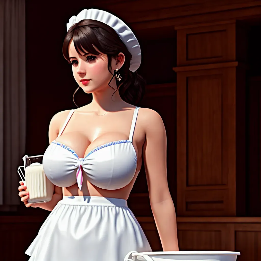 cute girl, large breasts, milk maid, breast milk, standing in ballroom, holding bucket of milk, photorealistic
