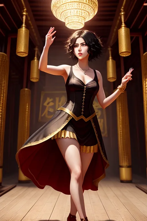 a digital painting of,mikasa ackerman,wearing princess dress,dancing,in a temple,five slender fingers,curly hair,gorgeous face,beautiful lips,black eyes,curved eyebrows,pale skin,romantic,wearing golden ring,cinematic lighting,editorial,8k,artstation,highly detailed