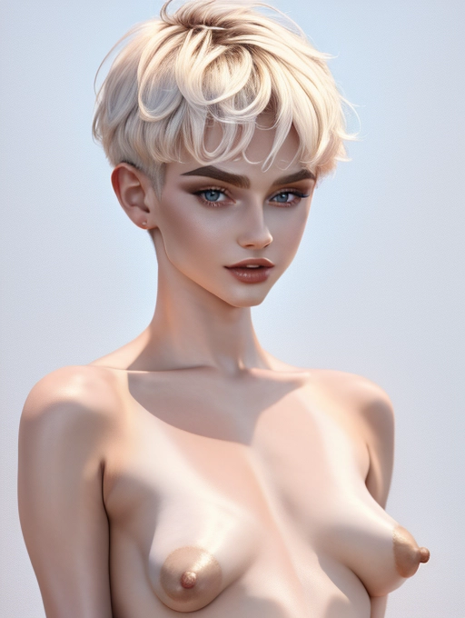 average looking 20 yr old, amateur pornstar, pixie haircut, <lora:GypxAKrLzld_tubular_puffy_tits:1>, topless, (embarrassed face), (queer), pointy breasts, puffy nipples, (non-binary), (boyish face), androgynous face, perfect tits, swollen nipples, (full body), pronounced breasts, shiny oiled skin, (genderqueer), puffy tits, big nipples, perfect tits, tiktok, alt, projecting tits,