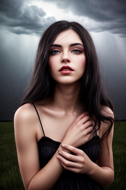 <lora:dpmg_add_detail:1>, dark hair, dark eyes, darker intentions, pixie cute, intimate full lips, taut body, young skin, old eyes, middle of a thunderstorm, blown out by the wind, full length focus