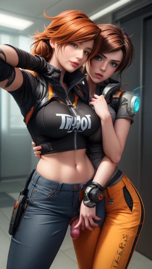 2girls,girl 1 is tracer from overwatch and her girlfriend Emily, tracer is ayoung british woman, beautiful face, beautiful lips, brown eyes, big round breasts, many accessories,girl 2 is Emily a big breasted long haired English 25yo redhead from Manchester
(((Emily has her hand down tracers pants,rubbing her clit))),Tracer is groping Emily
unzipped tubetop,
(best quality:1.4), ((masterpiece)), ((realistic)), (detailed), photorealistic, ultra detailed, Perfect body, Perfect face, 30mm, f-1.4, (:1.5) <lora:dpmg_add_detail:1>