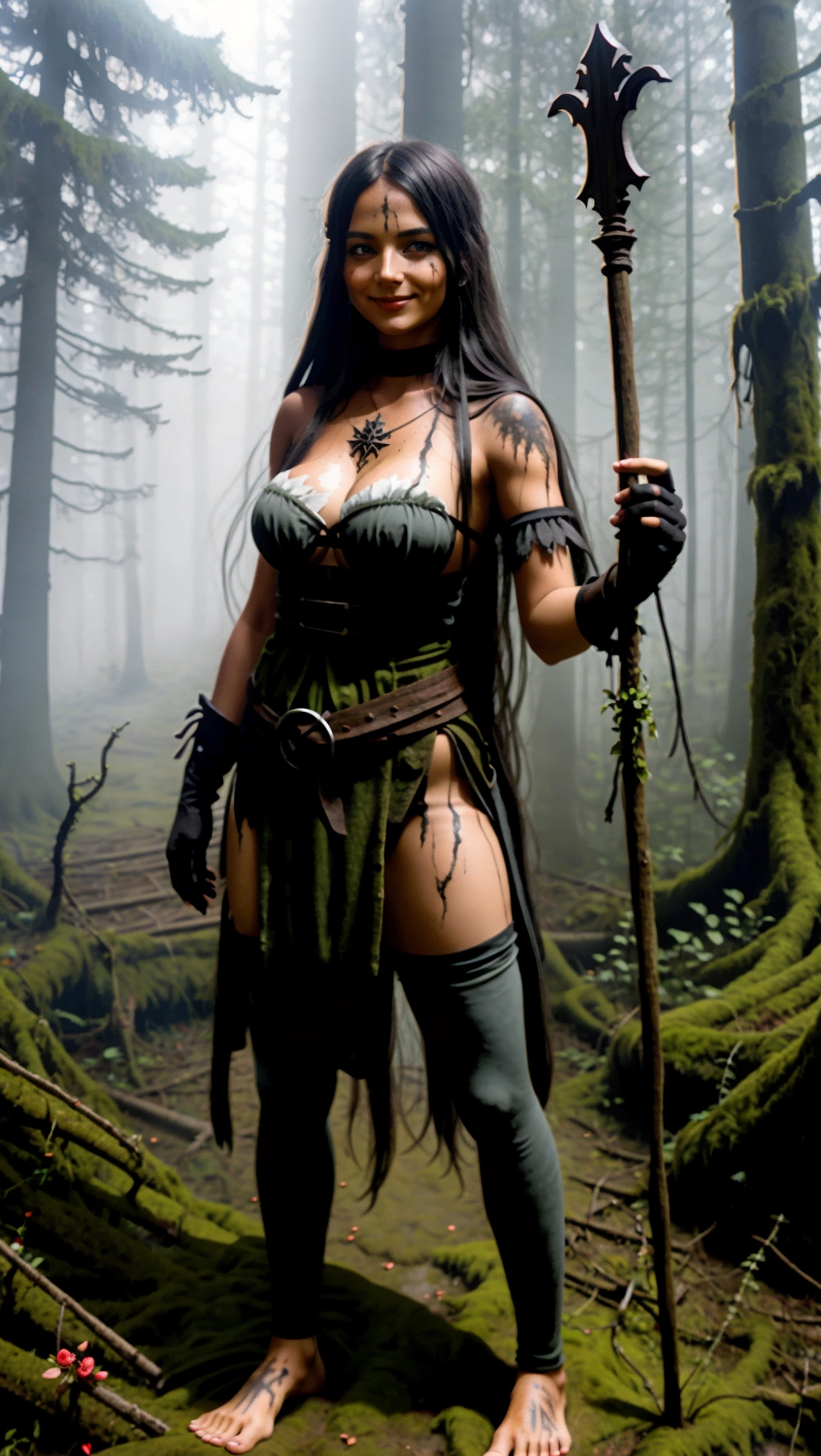 full-body image of a fit tan thin beautiful barefoot German adventurer woman with long hair wearing medieval adventurer attire while exploring a decaying forest, (beautiful petite feminine feet: 1.2), (barefoot: 1.3), (wearing warm black medieval adventurer attire: 1.2), (long dark hair: 1.2), (German woman: 1.3), (cursed foggy dark rotting decaying forest: 1.4), (black toenails: 1.2), (gloves: 1.2), (tights: 1.2), (magic glowing markings on feet: 1.3), (smug smirk: 1.2),