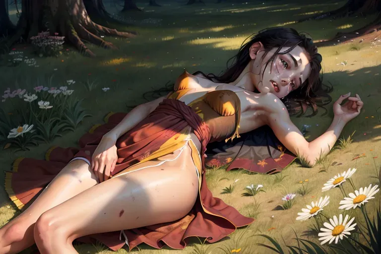young beautiful Tonantzin Esparza wearing a torn silk dress while lying raped and abused in a field of flowers, markers of sexual and physical abuse are conspicuous, messy short black hair, brunette hair and brown skin, red silk dress, lying on her back in the way she violently sexually assaulted on a grass field, daisies and wildflowers, yellow dress, sunset, beautiful landscape, forest, small feet, light brown nipples, dark brown eyes, perfect feet, anatomically correct, five toes per foot, HD resolution, HD wallpaper, high contrast, professional, realistic, photorealistic, freckles, bruising and some blood or cuts highly detailed feet, detailed face, young, professional photograph, sadie sink, autumn, pokies, Ray tracing, skinny, realistic skin texture, (photorealistic), top down view, forced pose, (masterpiece), (best quality) recently abused vagina, pubic hair, falling leaves, autumn, wildflowers, perfect brown nipples, puffy nipples, hands out of frame, dpmg_pov_missionary, silk dress, hairy pussy, humiliated expression, sweaty feet, crying face, crying eyes wide open,