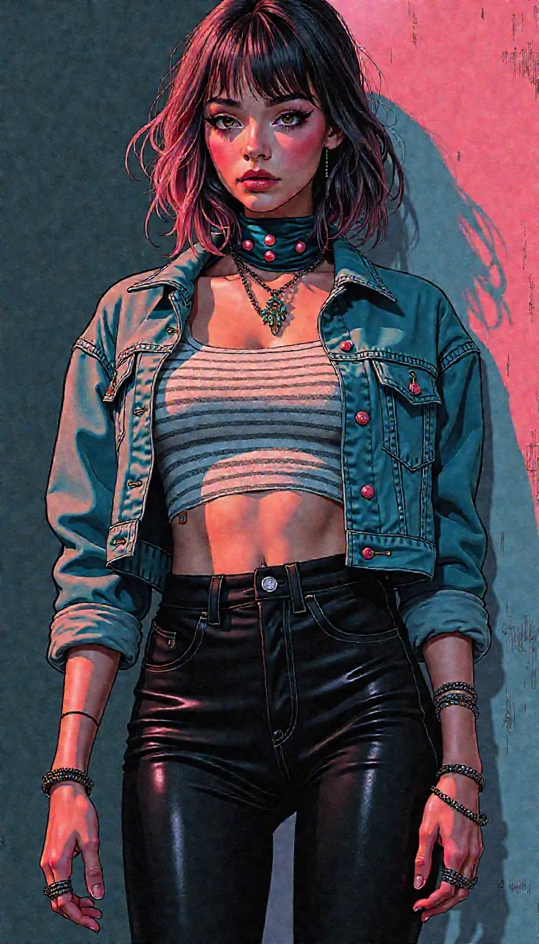 Debbie Salt, full-body portrait, pastel-glazed heartbreak, popstar with knife-lined mascara, soft-voiced threat, glitter in the blood, bruised neon stare, spotlight survivor, chart-topping damage, saccharine defiance, fragile gloss layered over control
hand-drawn graphic novel style, bold ink contour lines with halftone shading, smudged lighting on a solitary figure, teased layered hair with pastel-dyed tips and streaked crown volume, sharp cheekbone shadows, glossed lips pulled tight with something unsaid, over-inked mascara and winged eyeliner like weaponized emotion, flushed skin across a clenched jaw, eyes drawn wide and weary with spotlight fatigue
tattered cropped denim jacket with frayed edges, colorful mismatched buttons like fan confessions, fitted pinstriped wifebeater tank top inked with grainy shadow lines, full-length opaque black tights, oversized scarf slung around her waist like a thrifted secret, wrapped and knotted like she’s holding something back, multiple tiny mismatched bracelets on each wrist like stolen moments, deft long fingers posed mid-expression, black nail polish chipped but deliberate, stance caught between defiance and restraint, body language reading like a lyric she didn’t want to write
stage-lit shadow ambience, low light pooled around studio floor, mic stand out of frame like a ghost of the last take, distant red light blinking in rhythm with her regret, tape reels somewhere off-panel hissing with silence, subtle poster framing around her as if every inch was meant to hurt
she sings like a confession no one deserved, her voice is vinyl-thin and razor-sharp, she walks like she’s tired of being forgiven, everything she wears tells you where it hurts and when it last bled, you can see the verses in how she breathes, every layer is emotional armor dressed up like styling
pop heartbreak rendered in bold ink and halftone blush, pastel grief broadcast through noise and posture, no chorus, just consequence