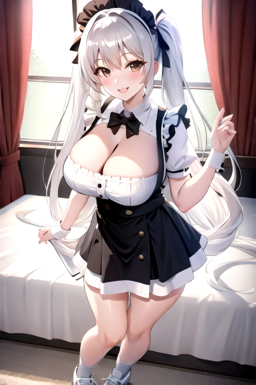 8k quality, brown eyes, pale white skin, white hair, giant breasts, cleavage, looking at viewer, pov, long hair, wavy hair, standing in bedroom, maid uniform, roller skates, miniskirt, pigtails, full body photo, smiling