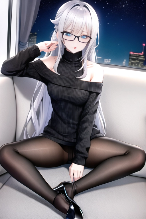 4k quality, wearing glasses, ((gray off the shoulder sweater)), high heels, thigh high boots, (((black leggings)), blue eyes, pale white skin, , small breasts, cleavage, sexy pose, long silver hair, wavy ponytail with bangs, looking out window, slim body
