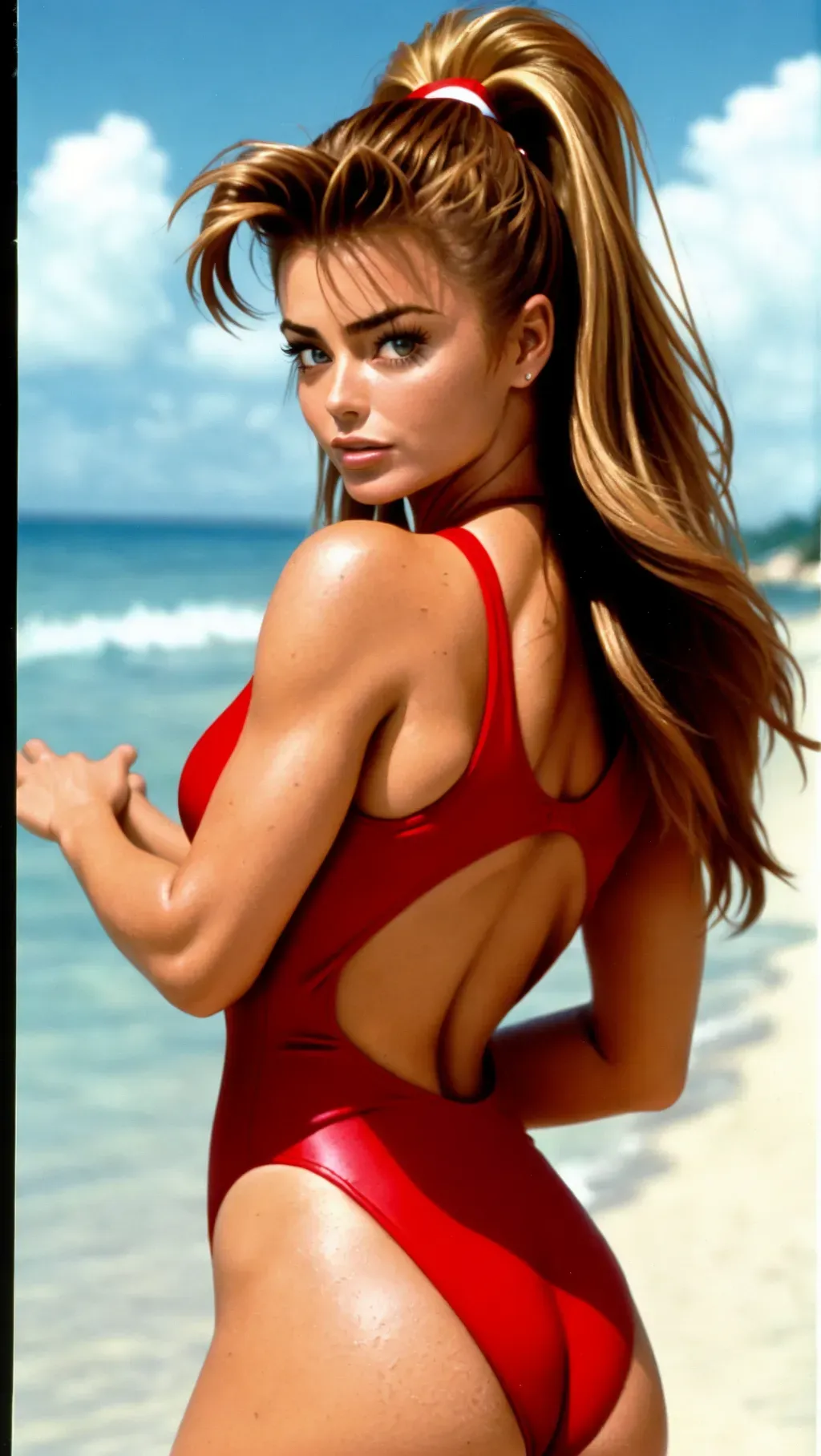 Carmen Electra, solo, posing for camera, 90s Inspired High Cut Low Back Padding One Piece red Bathing Suit, 90s, on beach, baywatch, exciting, focus, blurry background, brown hair,