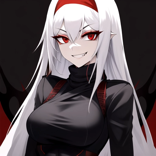 distant shot of a highly detailed slim woman with a sadistic smile, evil face, with dark white hair looking back with a bandana, red eyes, black sweater, military pants, and tiny waist, in a bar background