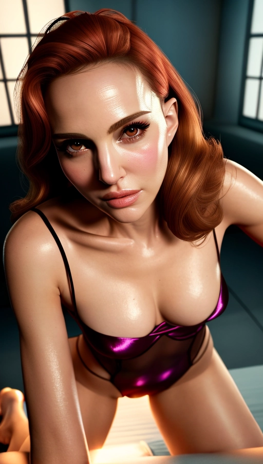 an pornographic photo of, Natalie Portman, thin wiry body, high cut sheer see-through leotard, visible nudity under clothes, hair worn in an updo, red hair, bright light beams clashing behind, in the Marvel Cinematic Universe, realistic eyes, small pupils, curved eyebrows, flawless face, cgsociety, unreal engine, highly detailed, artstation, deviantart, sharp image, centered, volumetric lighting, hyper-realistic, backlighting, studio lighting, pornhub, xvideos, xhamster, xxx, dirty, sexy, smiling, view from above, dpmg_pov_blowjob_v1