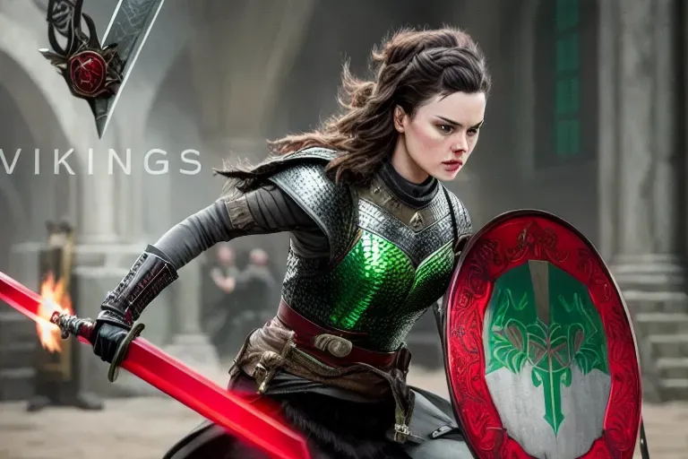intricate highly detailed photorealistic realistic ultra realistic sharp focus with daisy ridley dressed in dark grey medieval armor with red accents wielding a green bladed sword