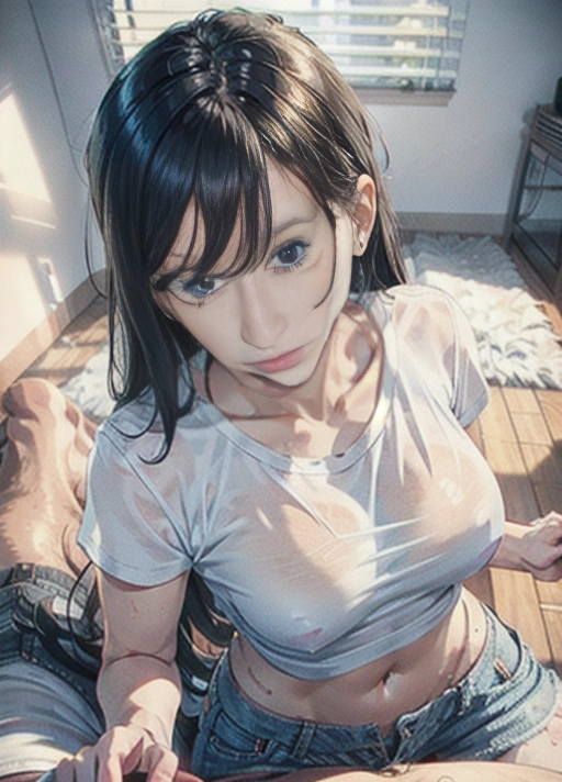 establishing shot, loose white t-shirt and hot pants jeans, skinny, 25yo, eurasian woman, (hyper-realistic face:1.3), 32k uhd --ar 9:16 --stylize 750 --v 6, realistic,((((solo)))), nudity, long straight black hair, (small breasts:1), breasts focus, wet skin, lips, perfect-hard-nipples, solo_focus, eye-contact, lifted white t-shirt, uncensored, ((torn white t-shirt)),
background bed room, sweaty, (((exhausted))),uncensored,
<lora:dpmg_add_detail:0.5>, (best quality),
beautiful, (((masterpiece))),(high resolution), (uhd), (8k)
(( intricate eyes features, blue eyes, eyes fixed)), perfect hands, pov, <lora:O7vzyoKLxaR_Blowjob_pov_01:0.7> , (((giving a tit fuck to a man as a porn movie))), POV, ((((looking at viewer)))),