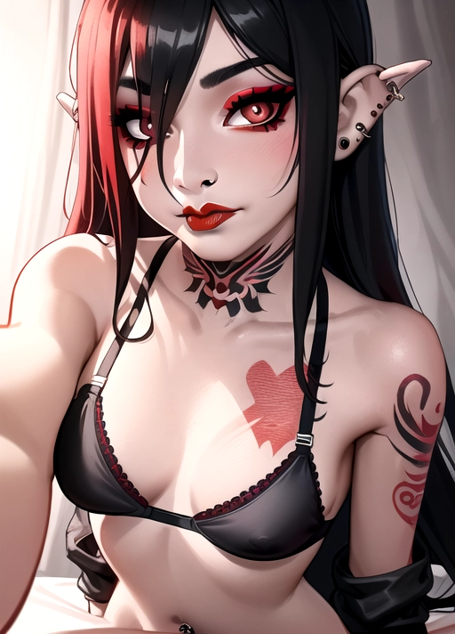 young woman with long tan hair, looking directly into camera, wearing black bra, nice makeap, red big lips, downblouse, septum, piercing in nose, while makeup, tattoos on arms, less makeup, young face, sitting on bed. selfie, lookin at breats, looking in bra