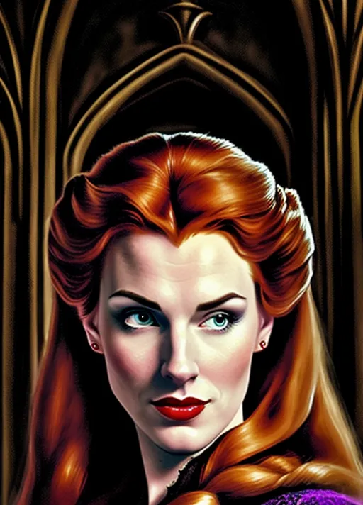 low angle sweet Beautiful youthful entranced auburn haired Queen Anna of Arendelle in the dark embrace of the stoic and debonair Van Dyke goatee Dracula his fangs bared as she prepares to receive his vampiric bite, in the the very dark cramped spooky cobwebbed halls of a haunted house photorealistic.