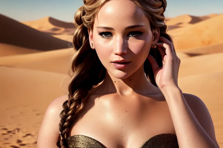 a photo shot of,jennifer lawrence,wearing frock,doing sexy pose,in the desert,five slender fingers,braids hair,beautiful face,beautiful lips,brown eyes,curved eyebrows,curved eyelid,textured skin,joyful,wearing golden ring,artstation,surreal,sharp focus,smooth,bokeh