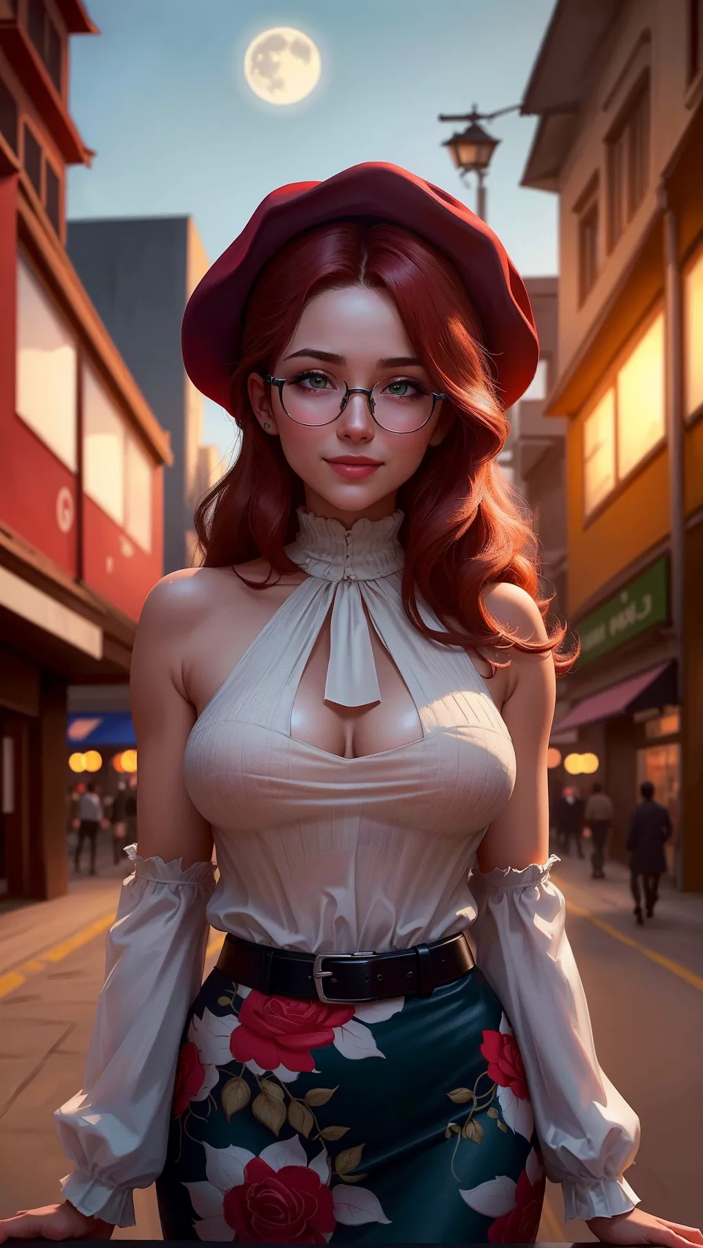 A digital professional photograph, 1 hot woman (20 years old) is playing with her hair with both hands while greeting her lover after dusk in a shopping street, wavy red hair, (warm smile:1.2), (sleeveless (see-through:1.3) white top with (dragon printings:1.1)), mid-thighs blue skirt with dragon printings, black belt, beautiful green eyes, highly detailed, (perfect breast) with pointy hard nipples, fancy glasses, bare thighs, fancy burgundy beret, one hand on her hip, a gibbous moon raises in the sky, (cinematic lighting) with shadows, ((cinematic composition)), dreamy atmosphere, UHD, HDR, vivid colours, bokeh, (highest quality:1.8), highest resolution, photorealist, photorealism, masterpiece