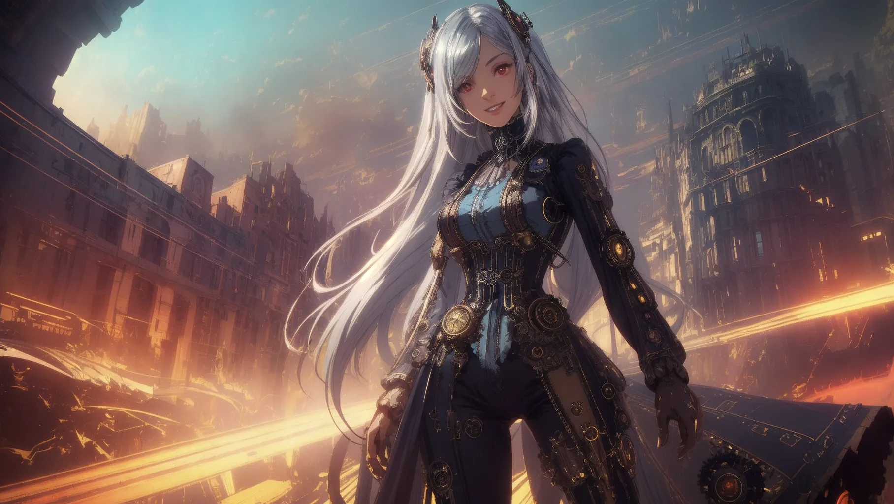 (Best quality, single frame image), (super colorful steampunk image of young_woman with cyborg-limbs and (hands on hip)), (long messy silver hair with hair_ornaments and sideways_fringe:1.2),
(correct anatomy, slender and toned, cute-cool-pose), (large red eyes looking at viewer:1.08), close up (view of cute western face with arrogant expression:1.05), beautiful thin lips (smiling smugly showing teeth:1.12),
Energetic and seductive, (colour explosion in a dreamy and faded landscape, (dynamic abstract colours with steampunk themed city streets with victorian_era fashion):1.25), hyperrealistic skin,
soft focus, sharp and clear image, (flat shading stylised colorful art:1.07), <lora:dpmg_add_detail:0.25>, (physically based ray-tracing, photon mapping, soft lighting:1.3), (high resolution masterpiece), cute round face,