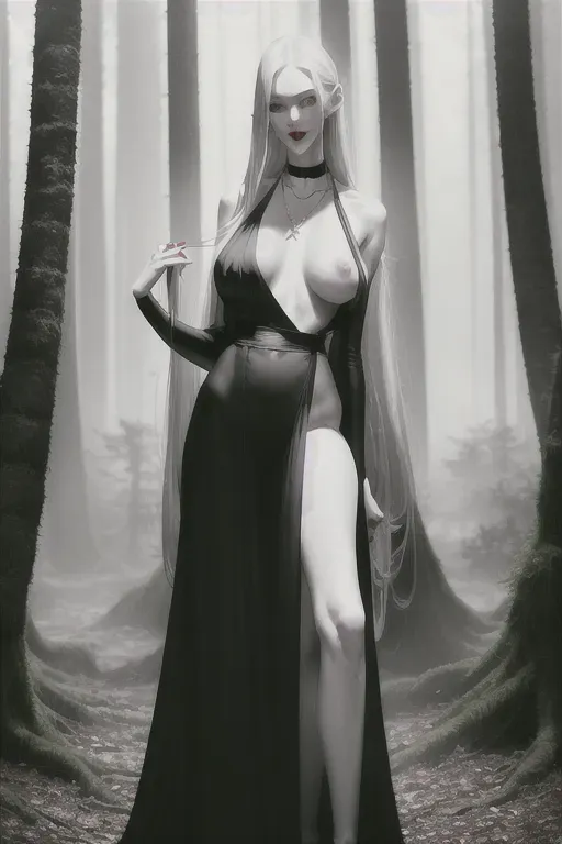 tall slender woman standing partically naked in the fumes in the dark forest, long grey hair, pretty nose, long black necklace, big red lips, pale skin, long hands, long legs, mouth slightly open, cinematic lights, masterpiece, high quality, detailed face, sharp image, sharp lines, detailed hair, rounded eyebrows, stockings, pale nipples, small breasts