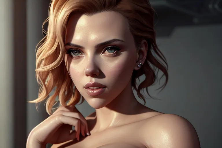 a concept art of,scarlett johansson,naked,standing,in a dystopian future,natural breasts,five slender fingers,charming face,beautiful lips,detailed large eyes,curved eyebrows,textured skin,satisfaction,wearing golden ring,artstation,ultra realistic,sharp focus,professional,unreal engine