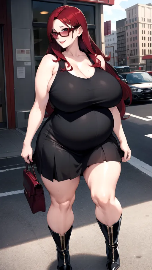 Dark red hair, sexy glasses,Sexy women ,big boobs,pregnant gigantic belly,fat belly and fat boobs,weight gain, gigantic fat belly,fat belly ,huge pumped up belly, black mini skirt, black high heels boots,sex,nude boobs, in a city, <lora:dpmg_pov_Big_fat_belly:1>,