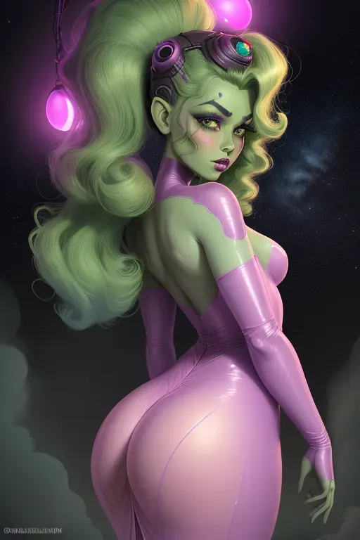 Retro sci fi, 1950s, atompunk genre, alien princess, damsel in distress, green and purple skin, beautiful mid dark curly hair, a couple of alien antenna on head, dark eyebrows, dark extra terrestrial eyes, soft cheeks, small nose, full pink lips, small pointy breasts, mid build, thin waist, full thighs, thicc ass, aroused clit, throbbing anus, half naked, pink sheer gown, exposed ass and pussy, captive, ass facing me, submissive, wanting sex, Disney animation, high definition, 4k quality, cinematic lighting, great shading, excellent detail, five fingers per hand, two arms and legs.