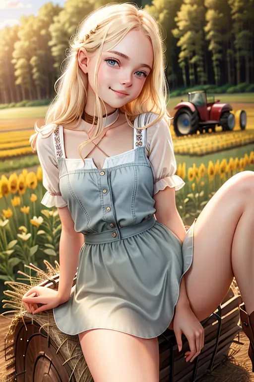 aurora dressed as a farm girl, Disney princess, elle fanning face, blonde hair, wide blue eyes, soft cheeks, full lips, happy smile, curvy, perky breasts, thin waist, fucking, public hair, aroused, skimpy cute outfit, farm setting, high definition, excellent lighting, 4k quality, looking horny, submissive, sassy, flirty, mini dress, messy hair, revealing outfit, sitting on hay, chin resting on fists