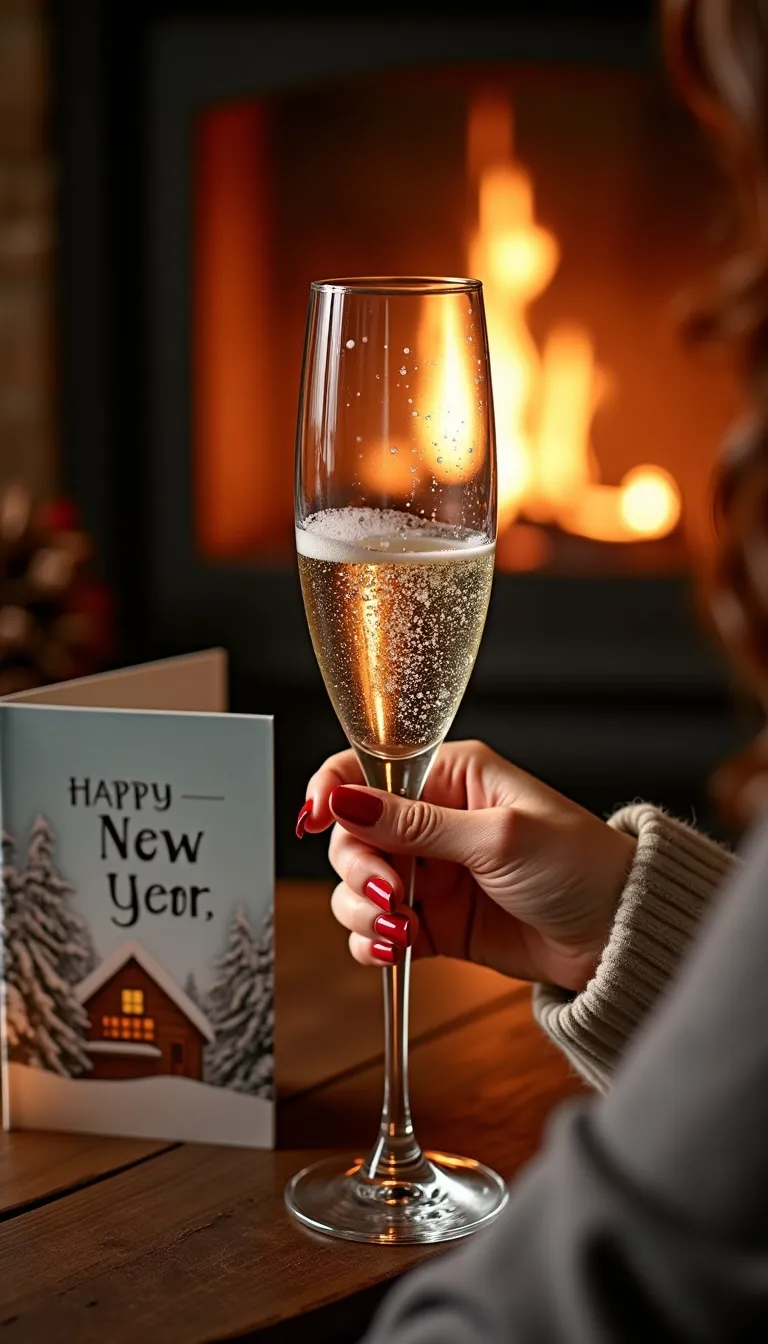 A half full champagne flute on a coffee table is highlighted from behind by a cozy fire place fire, champagne bubbles rise in the flute, a delicate female hand with red painted nails is wrapped around the base of the glass, a beautiful woman with brown wavy hair sits near the fire, a greeting card with a snowy cabin and the words 'Happy New Year' written on it is next to the flute,