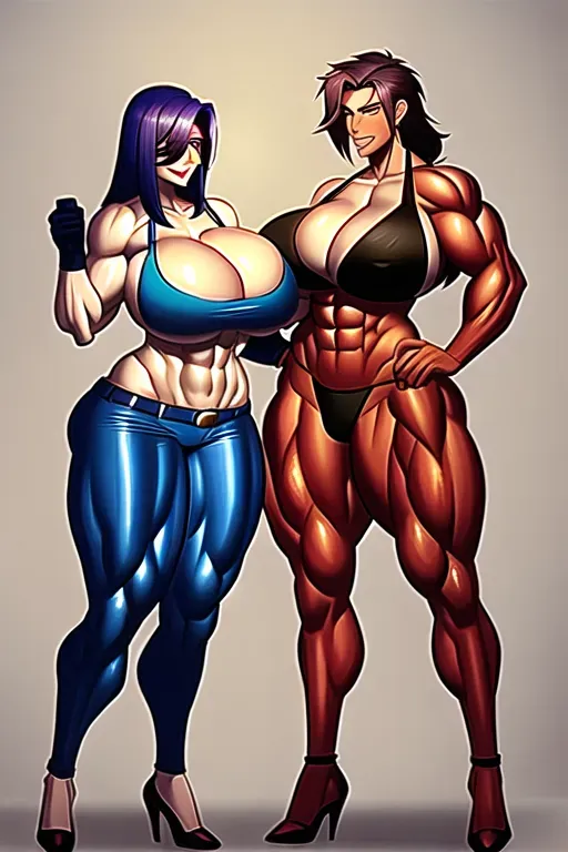 mother and son, muscular woman, big breasts, 6-pack abs, hourglass figure, big biceps, bikini