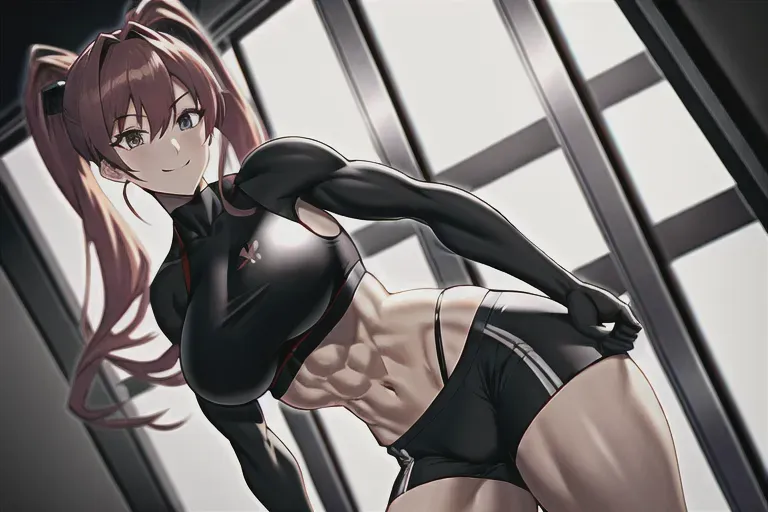 ultrawide shot, 25 year old, an anime girl, muscular, boxer shorts, black, gym, daytime, indoor lights, happy, 8k, professional