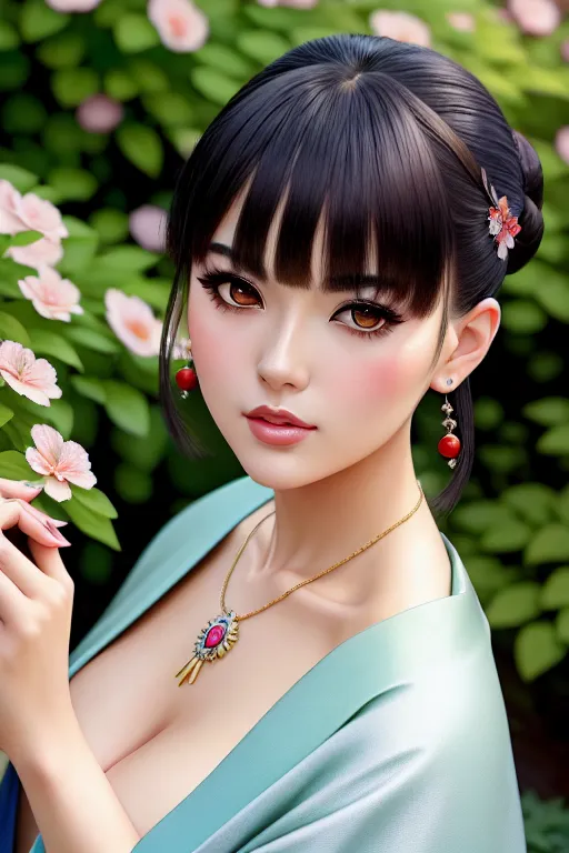 a oil painting of,an anime girl,wearing kimono,touching breasts,in the garden,five fingers per hand,bangs hairstyle,beautiful face,beautiful lips,curved eyebrows,smooth skin,cosy,wearing necklace,sharp focus,editorial,professional,surreal,bokeh