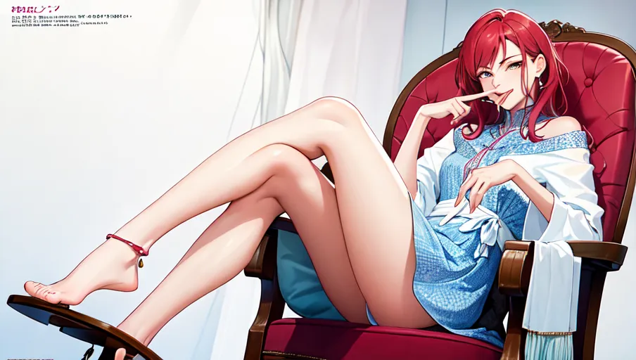 a woman licking the finger tip of her index finger just before turning the page of a magazine, sitting with her legs crossed and dangling a wedge off her toe, the arch of her foot is accentuated by the manner in which her legs are crossed