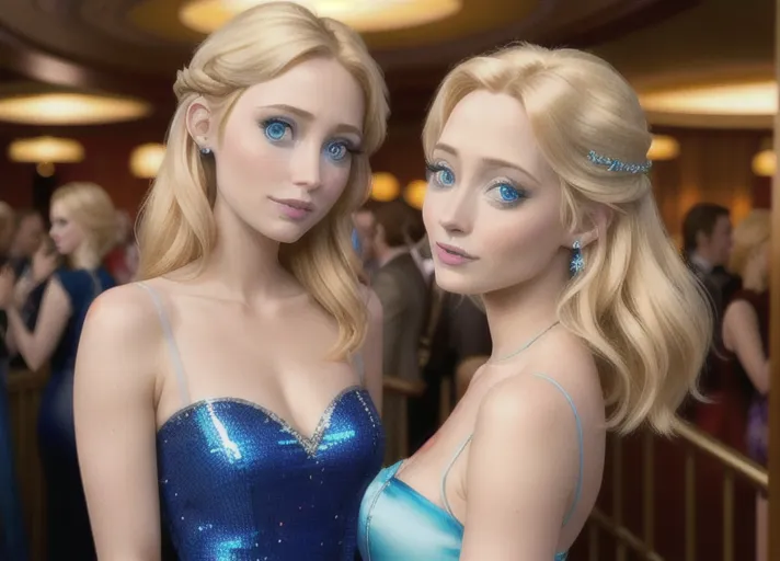low angle shot beautiful Nordic auburn haired blue eyed Queen Anna of Arendelle portrayed by Elizabeth Lail with her sister platinum blond Elsa of Arendelle portrayed by Georgina Haig at a New Years Eve party in Las Vegas.