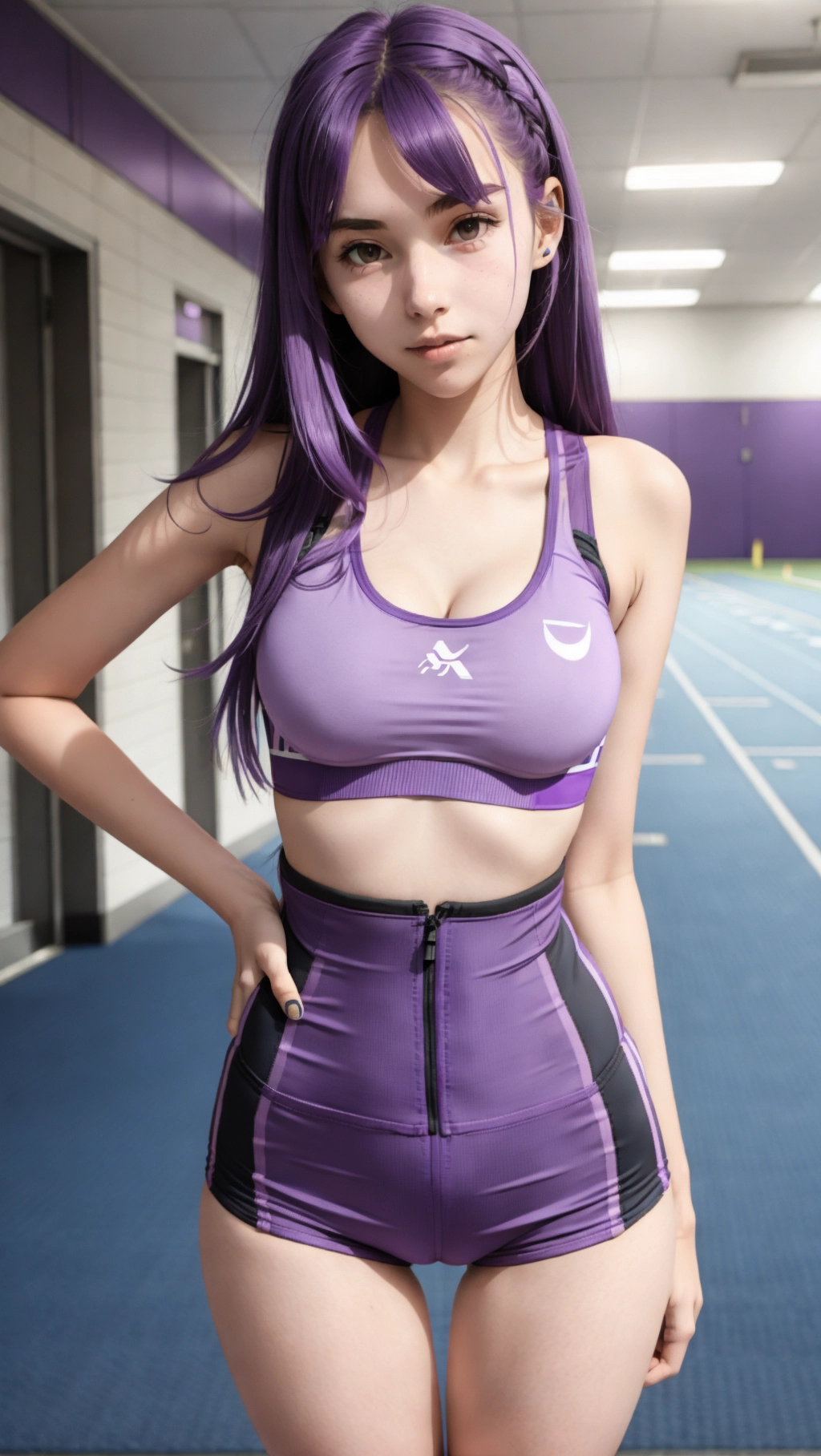 Track girl in highschool, purple hair, big breast, sports bra, thin waist, thin legs, thigh gap,