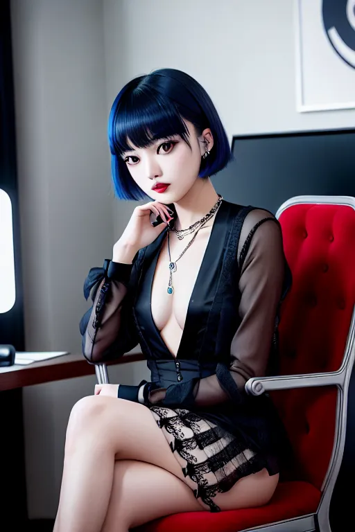 a photograph of,nana komatsu,wearing goth clothes,sitting in a chair,at the office,five slender fingers,short hair,gorgeous face,beautiful lips,blue eyes,curved eyebrows,pale skin,joyful,wearing necklace,cinematic lighting,surreal,bokeh,sharp focus,8k