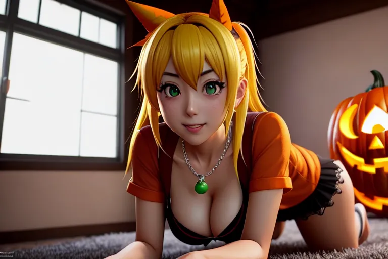 a photo shot of,chitoge kirisaki,wearing halloween clothes,all-fours,indoor,natural breasts,five fingers per hand,charming face,beautiful lips,green eyes,curved eyebrows,cosy,wearing necklace,artstation,unreal engine,bokeh,ultra realistic,8k