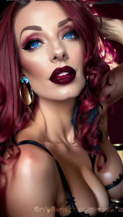Blonde hair, maroon lipstick, black lingerie, cleavage, hoop earrings, orgasm face, blue eyes,