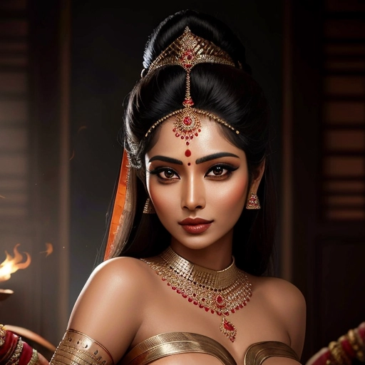 The most beautiful Indian woman. She is more beautiful than apsara. Her face is extremely hot. She is looking back at the camera showing her bare ass. Avoid any weird or uncanny artifacts on her body or face.